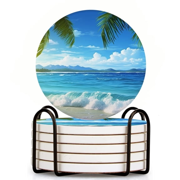 Bahomeck Drink Coasters Set Of 6 With Holder Beautiful Beach With Palm Trees And Waves Water Absorbent Ceramic Coasters Tabletop Protection,Suitable For Various Cup,Home Decor
