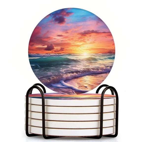 Bahomeck Drink Coasters Set Of 6 With Holder Beautiful Beach Sunset With Colorful Clouds And Waves Water Absorbent Ceramic Coasters Tabletop Protection,Suitable For Various Cup,Home Decor