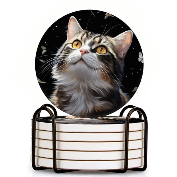 Bahomeck Drink Coasters Set Of 6 With Holder Beautiful Cat With Long White And Black Fur Water Absorbent Ceramic Coasters Tabletop Protection,Suitable For Various Cup,Home Decor
