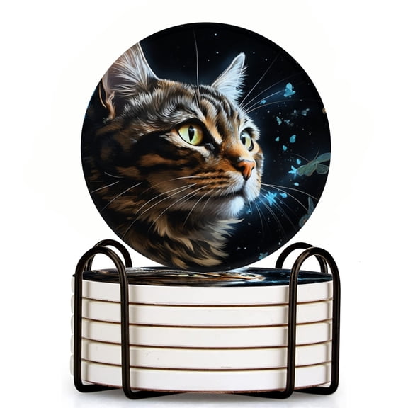 Bahomeck Drink Coasters Set Of 6 With Holder Beautiful Cat Portrait With Butterflies Water Absorbent Ceramic Coasters Tabletop Protection,Suitable For Various Cup,Home Decor