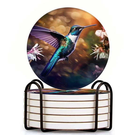 Bahomeck Drink Coasters Set Of 6 With Holder Beautiful Hummingbird In Flight Surrounded By Flowers Water Absorbent Ceramic Coasters Tabletop Protection,Suitable For Various Cup,Home Decor