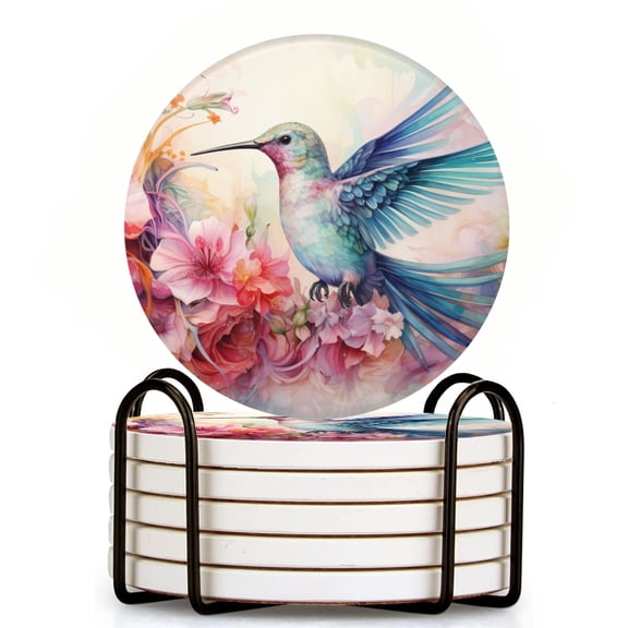 Bahomeck Drink Coasters Set Of 6 With Holder Beautiful Hummingbird Surrounded By Flowers Water Absorbent Ceramic Coasters Tabletop Protection,Suitable For Various Cup,Home Decor