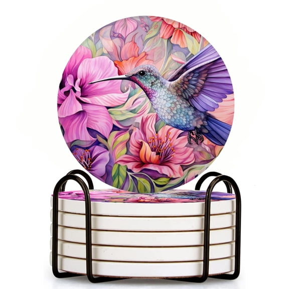 Bahomeck Drink Coasters Set Of 6 With Holder Beautiful Hummingbird Surrounded By Pastel Flowers Water Absorbent Ceramic Coasters Tabletop Protection,Suitable For Various Cup,Home Decor