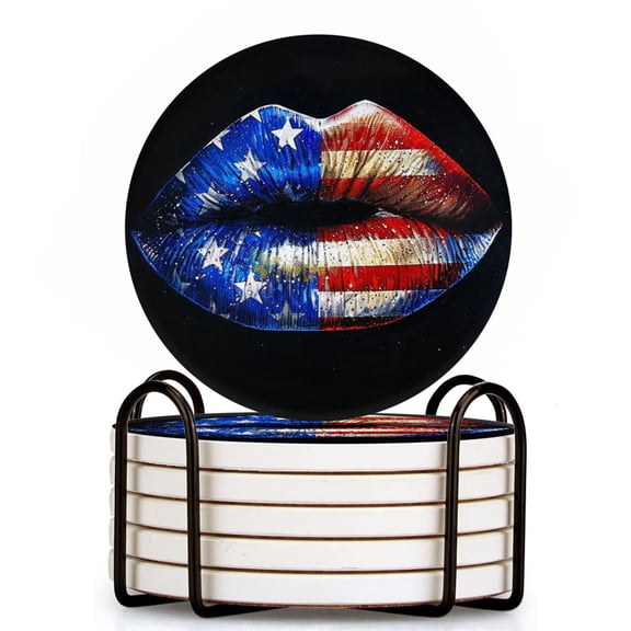 Bahomeck Drink Coasters Set Of 6 With Holder Beautiful Lips Painted In The Colors Of American Flag Water Absorbent Ceramic Coasters Tabletop Protection,Suitable For Various Cup,Home Decor