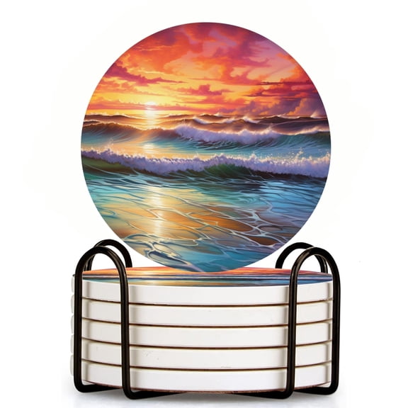 Bahomeck Drink Coasters Set Of 6 With Holder Beautiful Ocean Scene With Waves Crashing Against The Shore Water Absorbent Ceramic Coasters Tabletop Protection,Suitable For Various Cup,Home Decor