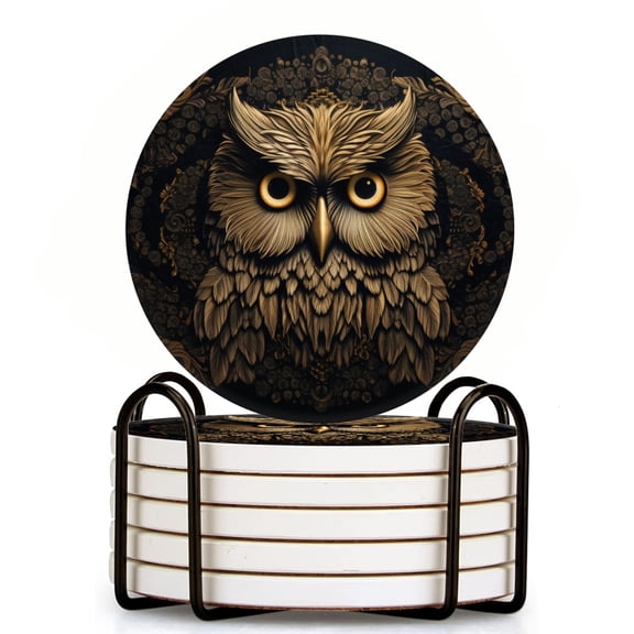 Bahomeck Drink Coasters Set Of 6 With Holder Beautiful Owl With Large Eyes Water Absorbent Ceramic Coasters Tabletop Protection,Suitable For Various Cup,Home Decor