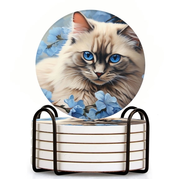 Bahomeck Drink Coasters Set Of 6 With Holder Beautiful Portrait Of Adorable Long-Haired Ragdoll Cat Water Absorbent Ceramic Coasters Tabletop Protection,Suitable For Various Cup,Home Decor