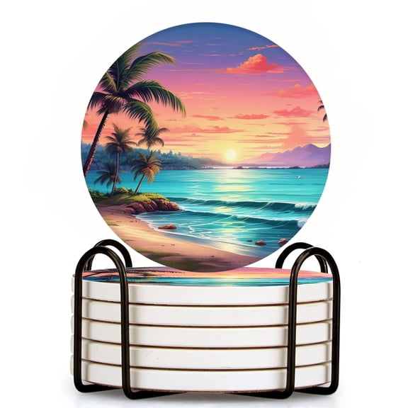 Bahomeck Drink Coasters Set Of 6 With Holder Beautiful Tropical Beach With Palm Trees And The Sun Setting Water Absorbent Ceramic Coasters Tabletop Protection,Suitable For Various Cup,Home Decor
