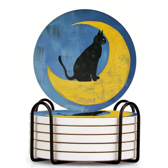 Bahomeck Drink Coasters Set Of 6 With Holder Black Cat Sits On The Moon On Blue Background Water Absorbent Ceramic Coasters Tabletop Protection,Suitable For Various Cup,Home Decor