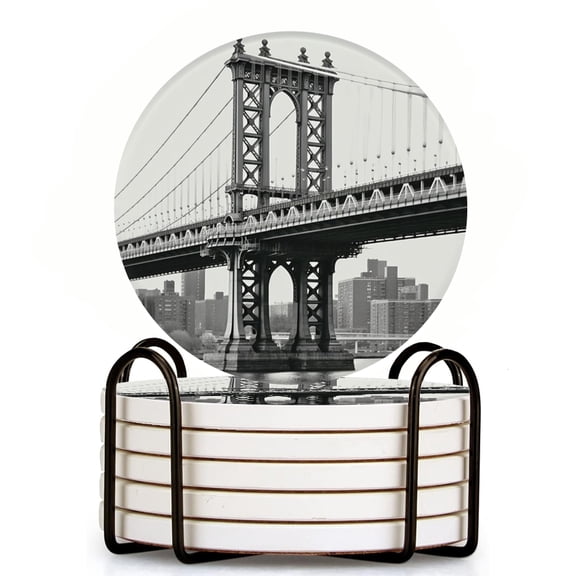 Bahomeck Drink Coasters Set Of 6 With Holder Black And White Photo Of The Manhattan Bridge Water Absorbent Ceramic Coasters Tabletop Protection,Suitable For Various Cup,Home Decor