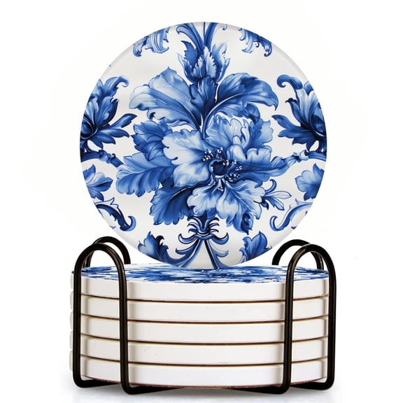 Bahomeck Drink Coasters Set Of 6 With Holder Blue And White Porcelain Floral Pattern (2) Water Absorbent Ceramic Coasters Tabletop Protection,Suitable For Various Cup,Home Decor