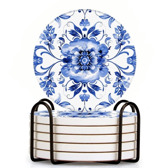 Bahomeck Drink Coasters Set Of 6 With Holder Blue And White Porcelain Pattern With Floral Motifs Water Absorbent Ceramic Coasters Tabletop Protection,Suitable For Various Cup,Home Decor