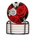 thumbnail image 1 of Bahomeck Drink Coasters Set Of 6 With Holder Bouquet Of Red And White Roses On Black Striped Background Water Absorbent Ceramic Coasters Tabletop Protection,Suitable For Various Cup,Home Decor, 1 of 4