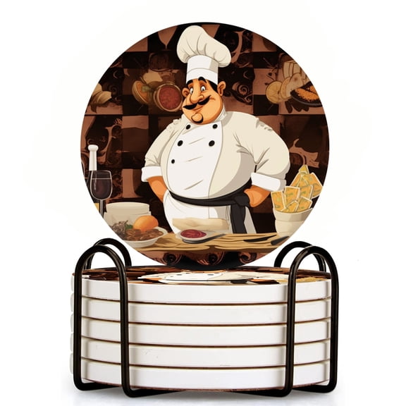 Bahomeck Drink Coasters Set Of 6 With Holder Cartoon Chef Character Is Surrounded By Various Types Of Food Water Absorbent Ceramic Coasters Tabletop Protection,Suitable For Various Cup,Home Decor