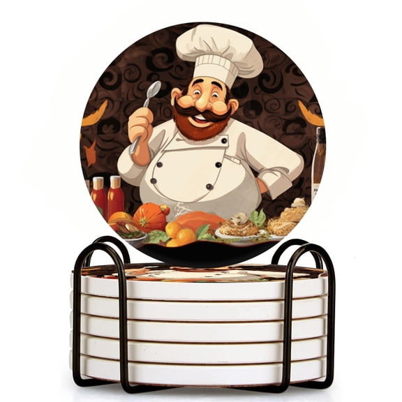 Bahomeck Drink Coasters Set Of 6 With Holder Cartoon Chef Holds Up Spoon While Standing Water Absorbent Ceramic Coasters Tabletop Protection,Suitable For Various Cup,Home Decor