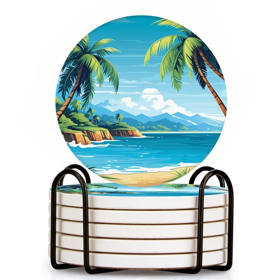 Bahomeck Drink Coasters Set Of 6 With Holder Cartoon Vector-Style Landscape View Of The Palm Trees Water Absorbent Ceramic Coasters Tabletop Protection,Suitable For Various Cup,Home Decor