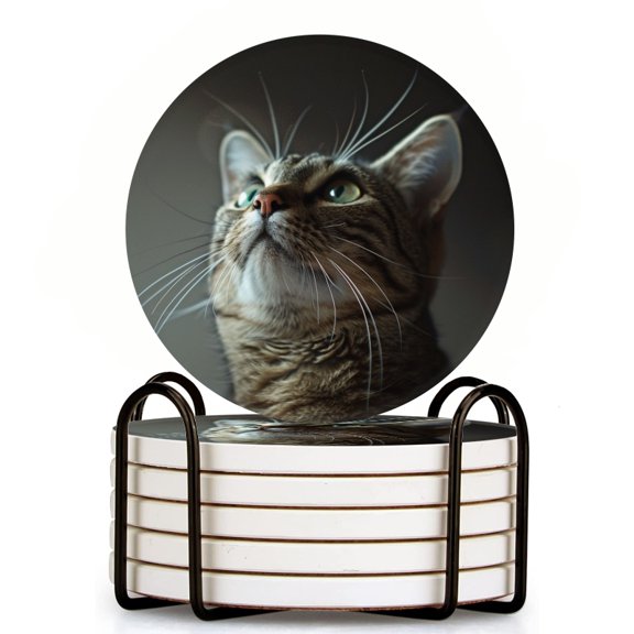 Bahomeck Drink Coasters Set Of 6 With Holder The Cat Looking Up At The Ceiling Shot From Below Water Absorbent Ceramic Coasters Tabletop Protection,Suitable For Various Cup,Home Decor