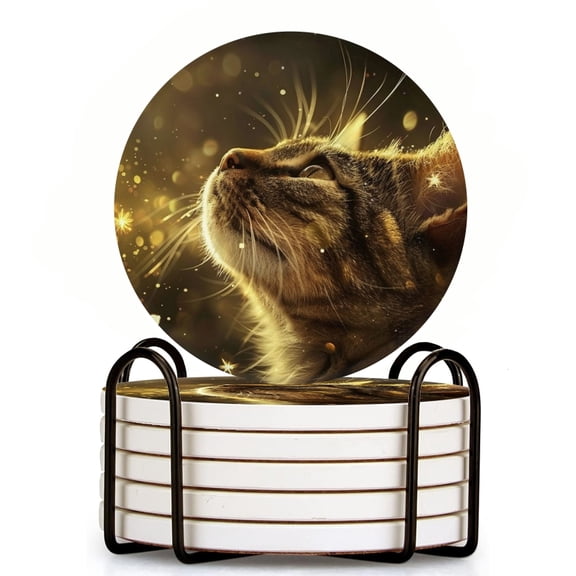 Bahomeck Drink Coasters Set Of 6 With Holder Cat Looking Up At The Stars Water Absorbent Ceramic Coasters Tabletop Protection,Suitable For Various Cup,Home Decor