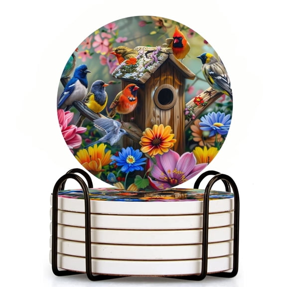 Bahomeck Drink Coasters Set Of 6 With Holder Colorful Birdhouse With Various Birds Perched On Branches Water Absorbent Ceramic Coasters Tabletop Protection,Suitable For Various Cup,Home Decor