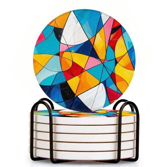 Bahomeck Drink Coasters Set Of 6 With Holder Colorful Geometric Shapes In Vibrant And Dynamic Composition Water Absorbent Ceramic Coasters Tabletop Protection,Suitable For Various Cup,Home Decor