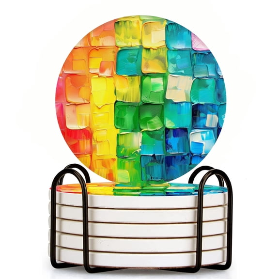Bahomeck Drink Coasters Set Of 6 With Holder Colorful Rainbow Background Made Of Squares Water Absorbent Ceramic Coasters Tabletop Protection,Suitable For Various Cup,Home Decor