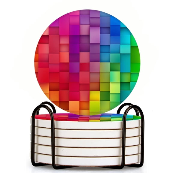 Bahomeck Drink Coasters Set Of 6 With Holder Colorful Rainbow-Themed Background With Squares Water Absorbent Ceramic Coasters Tabletop Protection,Suitable For Various Cup,Home Decor