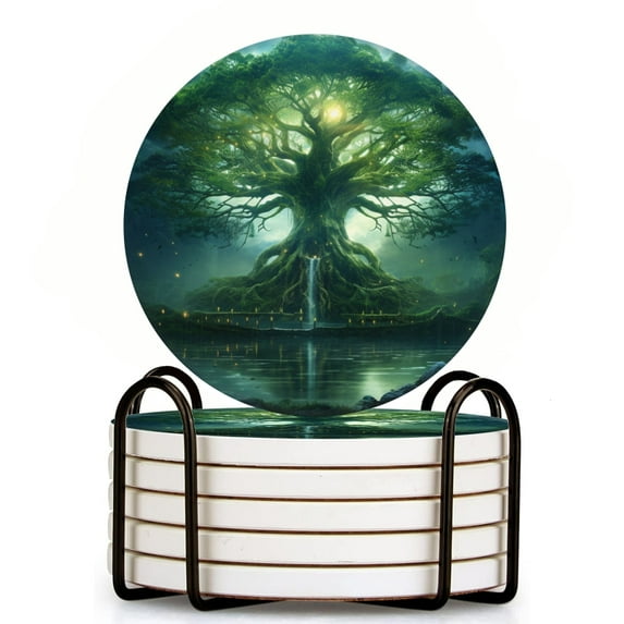 Bahomeck Drink Coasters Set Of 6 With Holder Colossal Tree Of Life With Roots That Reach Into The Depths Below Water Absorbent Ceramic Coasters Tabletop Protection,Suitable For Various Cup,Home Decor