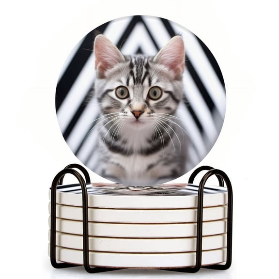 Bahomeck Drink Coasters Set Of 6 With Holder Cute American Shorthair Kitten With Silver Fur Water Absorbent Ceramic Coasters Tabletop Protection,Suitable For Various Cup,Home Decor