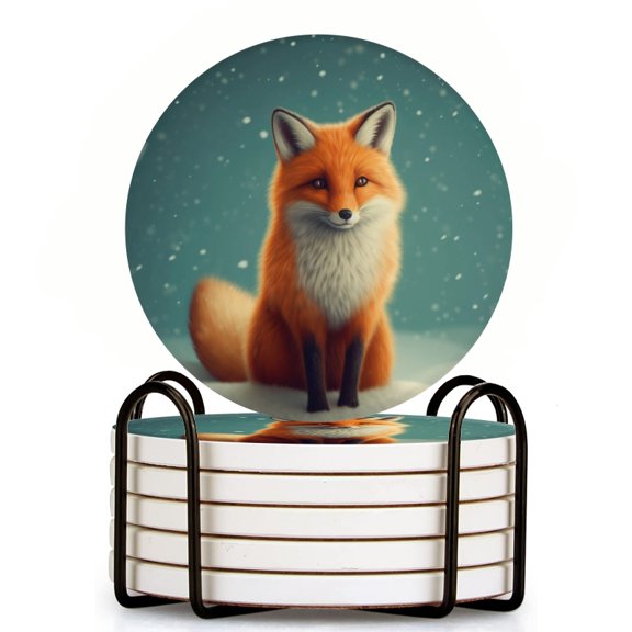 Bahomeck Drink Coasters Set Of 6 With Holder Cute Fox Sitting In The Snow Surrounded By Trees Water Absorbent Ceramic Coasters Tabletop Protection,Suitable For Various Cup,Home Decor