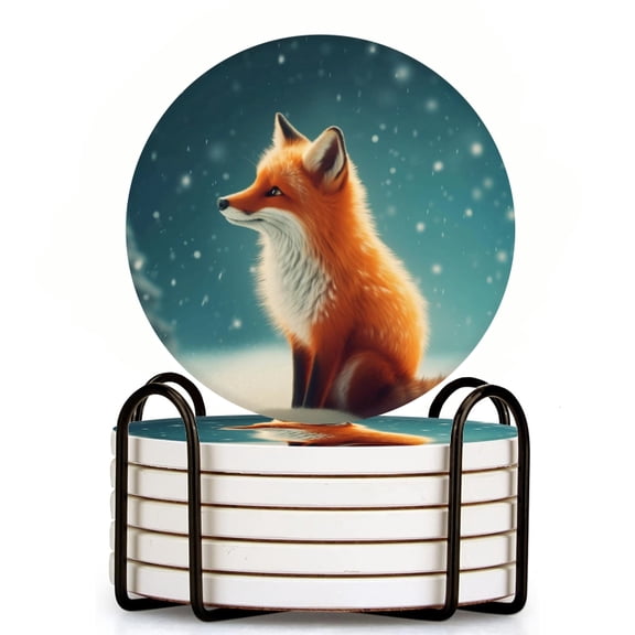 Bahomeck Drink Coasters Set Of 6 With Holder Cute Fox Sitting In The Snow Water Absorbent Ceramic Coasters Tabletop Protection,Suitable For Various Cup,Home Decor