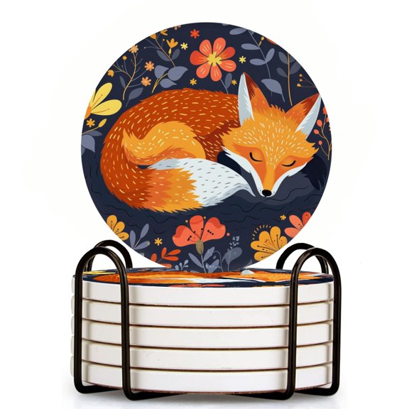 Bahomeck Drink Coasters Set Of 6 With Holder Cute Fox Sleeping In The Flowers Water Absorbent Ceramic Coasters Tabletop Protection,Suitable For Various Cup,Home Decor