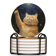 Bahomeck Drink Coasters Set Of 6 With Holder Cute Orange Cat Waving Paw At The Sky Water Absorbent Ceramic Coasters Tabletop Protection,Suitable For Various Cup,Home Decor