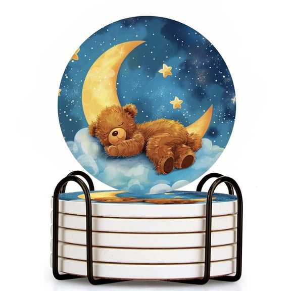 Bahomeck Drink Coasters Set Of 6 With Holder Cute Teddy Bear Sleeping On The Crescent Moon Water Absorbent Ceramic Coasters Tabletop Protection,Suitable For Various Cup,Home Decor