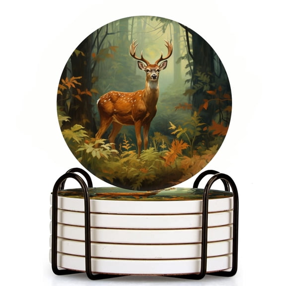 Bahomeck Drink Coasters Set Of 6 With Holder Deer Standing In The Forest Surrounded By Lush Greenery Water Absorbent Ceramic Coasters Tabletop Protection,Suitable For Various Cup,Home Decor