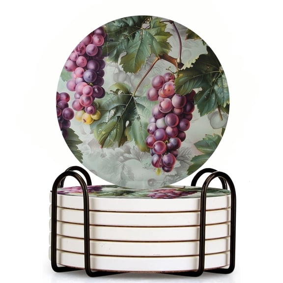 Bahomeck Drink Coasters Set Of 6 With Holder Detailed Botanical Of Grapes With Leaves And Branches Water Absorbent Ceramic Coasters Tabletop Protection,Suitable For Various Cup,Home Decor