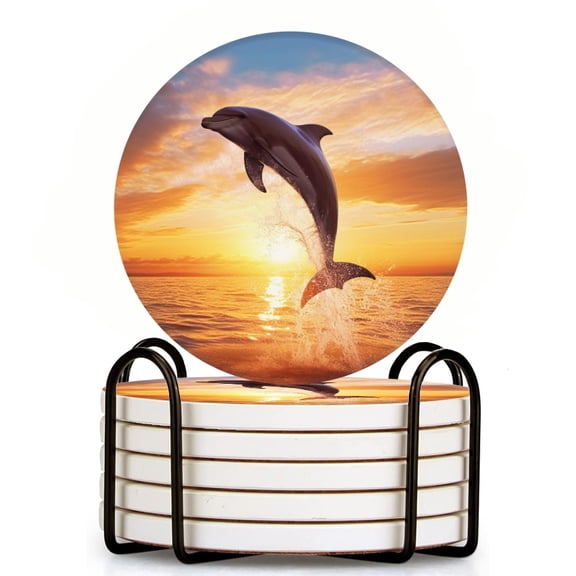 Bahomeck Drink Coasters Set Of 6 With Holder Dolphin Jumping Out Of The Water At Sunset (3) Water Absorbent Ceramic Coasters Tabletop Protection,Suitable For Various Cup,Home Decor