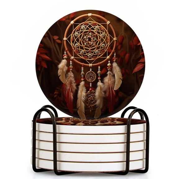 Bahomeck Drink Coasters Set Of 6 With Holder Dreamcatcher With Feathers And Beads On Brown Background Water Absorbent Ceramic Coasters Tabletop Protection,Suitable For Various Cup,Home Decor