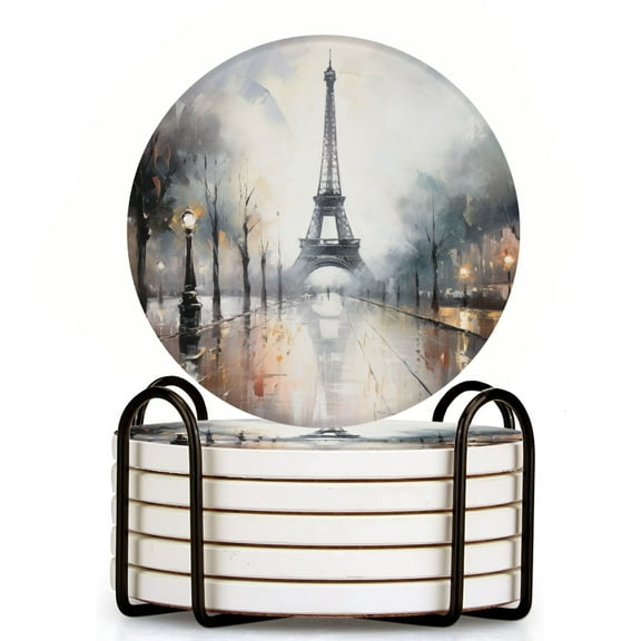 Bahomeck Drink Coasters Set Of 6 With Holder Eiffel Tower In Paris Surrounded By Trees And Street Lamps Water Absorbent Ceramic Coasters Tabletop Protection,Suitable For Various Cup,Home Decor