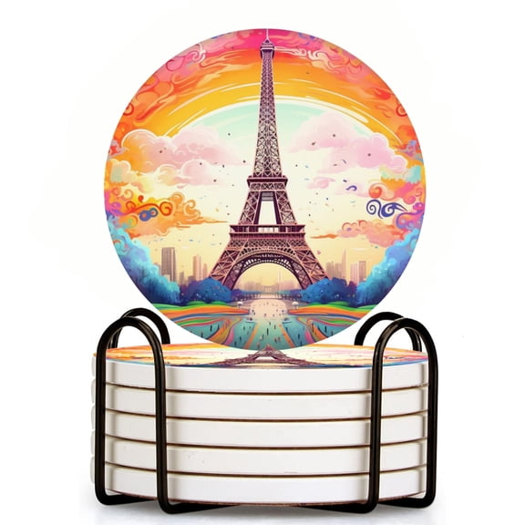 Bahomeck Drink Coasters Set Of 6 With Holder Eiffel Tower In The Style Art Water Absorbent Ceramic Coasters Tabletop Protection,Suitable For Various Cup,Home Decor