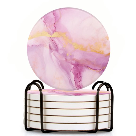 Bahomeck Drink Coasters Set Of 6 With Holder Elegant Lilac And Pink Watercolor Background With Golden Veins Water Absorbent Ceramic Coasters Tabletop Protection,Suitable For Various Cup,Home Decor