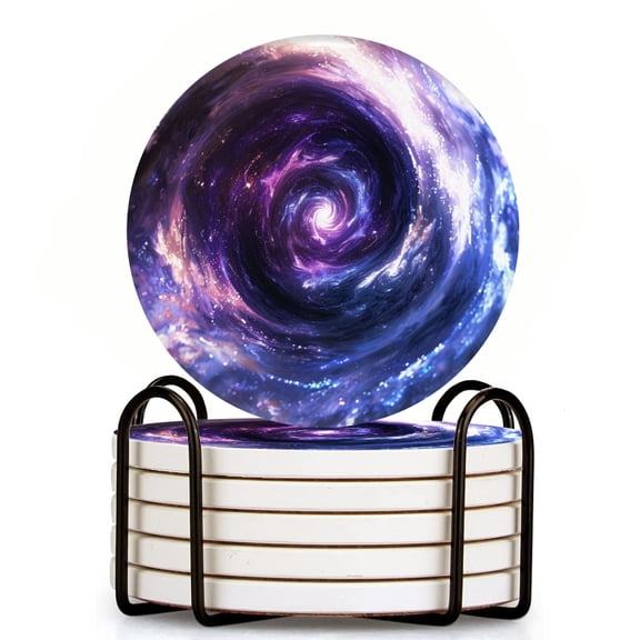 Bahomeck Drink Coasters Set Of 6 With Holder Ethereal Swirl Of Cosmic Energy With Vibrant Purples And Blues Water Absorbent Ceramic Coasters Tabletop Protection,Suitable For Various Cup,Home Decor