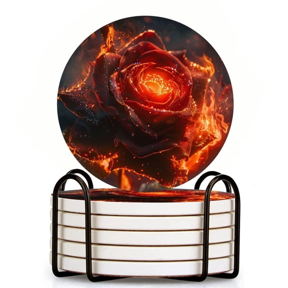 Bahomeck Drink Coasters Set Of 6 With Holder Fiery Red Rose With Embers And Sparks Flying Water Absorbent Ceramic Coasters Tabletop Protection,Suitable For Various Cup,Home Decor