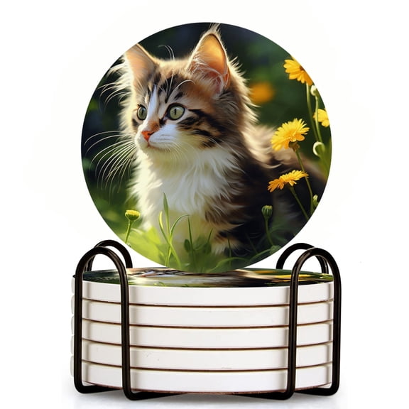 Bahomeck Drink Coasters Set Of 6 With Holder Fluffy Cat With Long Fur And Striking Green Eyes Water Absorbent Ceramic Coasters Tabletop Protection,Suitable For Various Cup,Home Decor