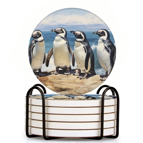 Bahomeck Drink Coasters Set Of 6 With Holder Four African Penguins Standing On The Edge Of Ocean Cliff Water Absorbent Ceramic Coasters Tabletop Protection,Suitable For Various Cup,Home Decor