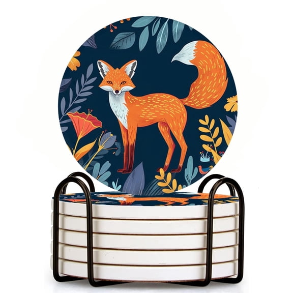 Bahomeck Drink Coasters Set Of 6 With Holder Fox Standing In The Jungle Surrounded By Flowers And Plants Water Absorbent Ceramic Coasters Tabletop Protection,Suitable For Various Cup,Home Decor