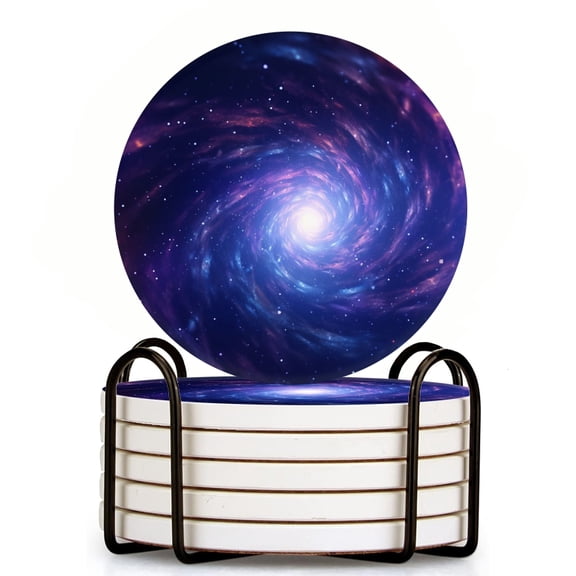 Bahomeck Drink Coasters Set Of 6 With Holder Galactic Spiral With Stars And Nebulae In Deep Space Water Absorbent Ceramic Coasters Tabletop Protection,Suitable For Various Cup,Home Decor