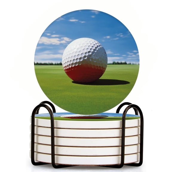 Bahomeck Drink Coasters Set Of 6 With Holder Golf Ball On The Green Golf Course Water Absorbent Ceramic Coasters Tabletop Protection,Suitable For Various Cup,Home Decor