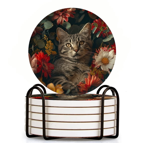 Bahomeck Drink Coasters Set Of 6 With Holder Gray Tabby Cat Surrounded By Colorful Flowers Water Absorbent Ceramic Coasters Tabletop Protection,Suitable For Various Cup,Home Decor