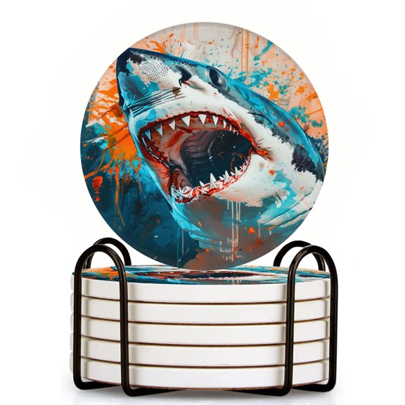 Bahomeck Drink Coasters Set Of 6 With Holder Great White Shark With Mouth Open Depicted In Abstract Style Water Absorbent Ceramic Coasters Tabletop Protection,Suitable For Various Cup,Home Decor