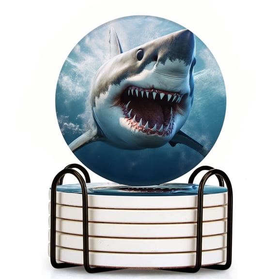 Bahomeck Drink Coasters Set Of 6 With Holder Great White Shark Open Mouth With Sharp Teeth Water Absorbent Ceramic Coasters Tabletop Protection,Suitable For Various Cup,Home Decor